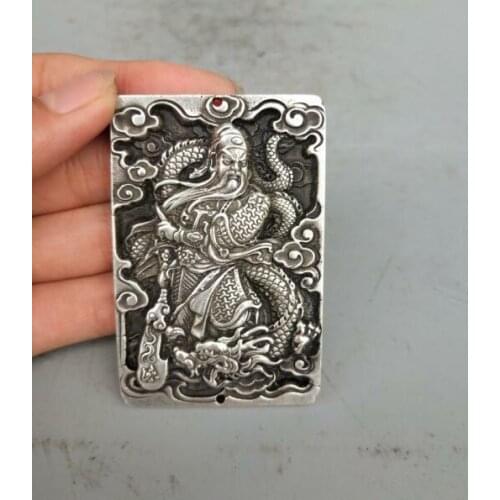 Collection Tibetan Silver Hand Carved Riding Dragon Guan Gong Amulet Pendant