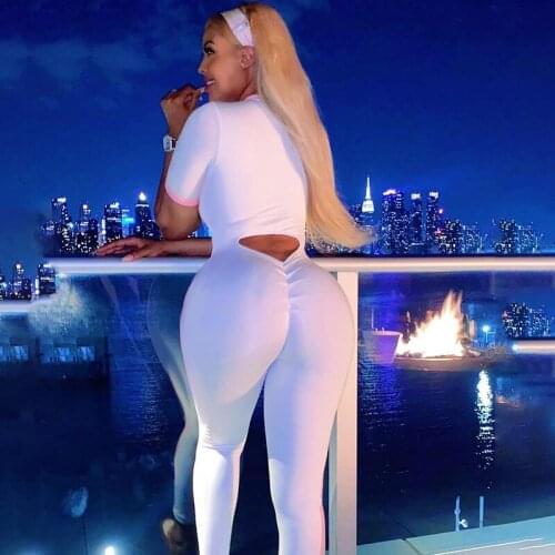 DSMTRC Overalls For Women 2021 Summer Skinny Sportwear Chest Zipper Patchwork Backless Jumpsuit Birthday Slim Outfits For Female