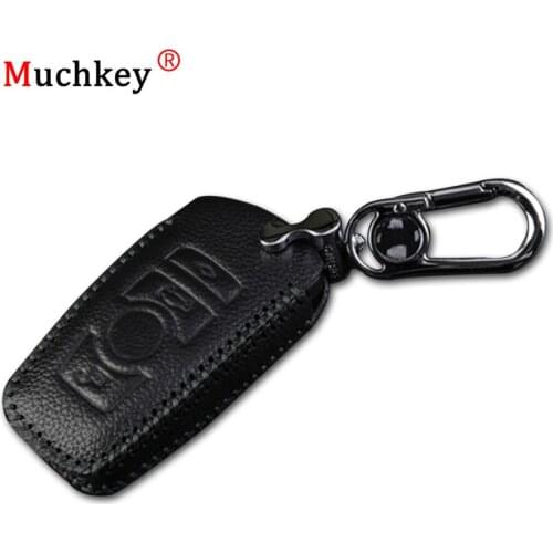 Muchkey Leather Remote Case Car Key Bag Cover With Keychain For BMW 5 Series Key Luxury Genuine Hand Sew Black Line 1PC