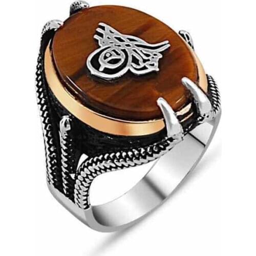 Silver Tiger Eye Gemstone Tuğralı Male Ring