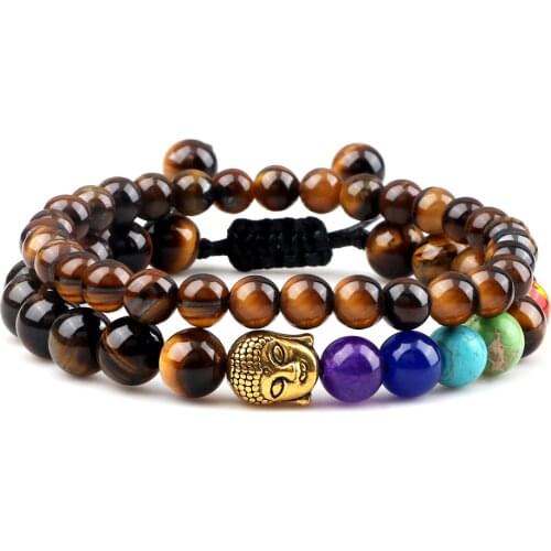 Natural Tiger Eye Stone Bracelets Set Men Black Onyx Lava Buddha Beads Bracelet 7 Chakra Bangles Women Pray Meditation Jewelry