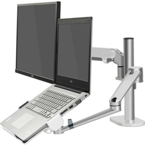 OL-3S Aluminum Height Adjustable Desktop Dual Arm 17-32 inch Monitor Holder+12-17 inch Laptop Holder Stand Full Motion Mount Arm