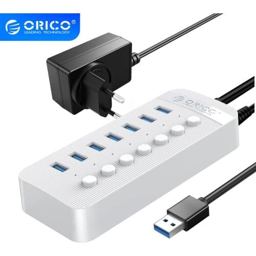 ORICO 7 Ports Powered USB 3.0 HUB BC1.2 Charger USB HUB With Individual On/Off Switches and 12V/2A Power Adapter For Desktop