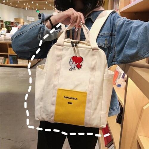 Simple Japanese Cartoon Backpack Classic Black White Student School Bag Large Capacity Portable Canvas Female Backpack Mochila