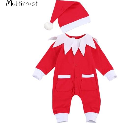Christmas Clothes 0-12M Newborn Boys Girls Rompers Hats 2pcs Cartoon Print Long Sleeve Jumpsuits +Hats 2pcs
