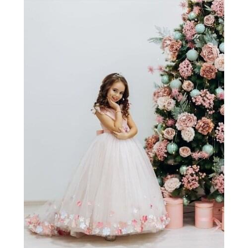 Pink Top White Floral Flower Applique Girls Princess Ball Gowns White Flower Girls Dresses Ball Gowns Celebrity Dresses Custom