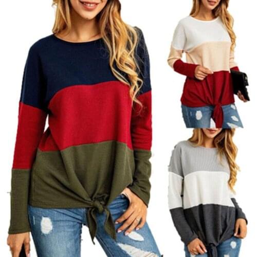 Autumn And Winter Womens New Three Color Splicing Cotton Long Sleeve Round Neck Knot Loose Casual Pullover Commuting