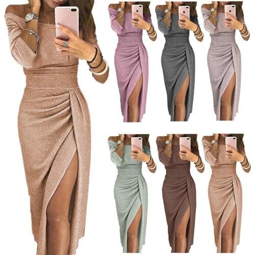 Spring autumn plus size womens split maxi dress 2021 fashion sexy off shoulder Three quarter slim Folds lady eveing pary dress