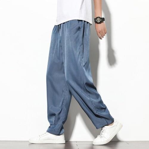 Big Size Summer Loose Blue Silk Clothes In Oriental Style Black Satin Smooth Traditional Chinese Cropped Pants Mens Comfortable