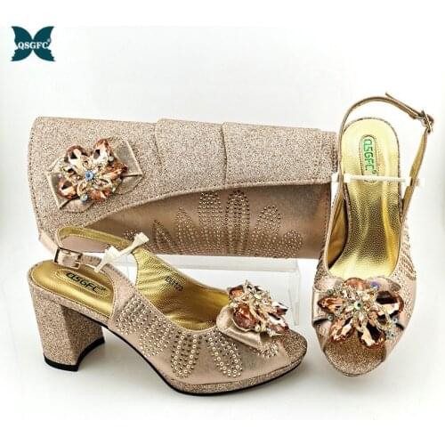 Italian Design 2021 Newest Wedding Women Shoes and Bag Set With Colorful Crystal and Metal Decoration in Champagne Gold Color