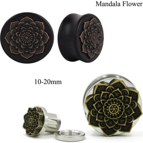 PAIR Mandala Flower Ear Gauges Plugs Expander Natural Wooden Plugs Gauges Screw Fit Flesh Ear Tunnels Body Piercing Jewelry
