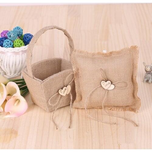 6*6'' Burlap Jute & Lace Flower Basket Vintage Burlap Double Heart Ring Bearer Pillow and Rustic Wedding Flower Girl Basket Set