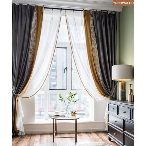 Custom curtain Gray-yellow stitching flannel modern minimalist luxury living room velvet cloth blackout curtain tulle panel C636