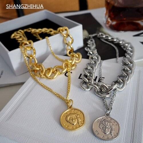 Goth Hip Hop Thick Chain Double Circle Portrait Short Necklace For Woman 2021 Korean Fashion Girls Clavicle Chain New Jewelry