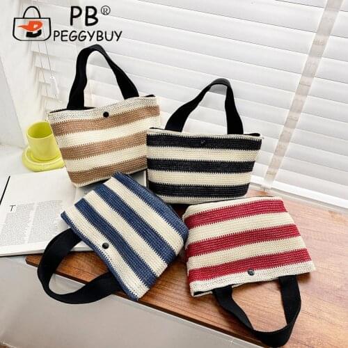 Women Woven Stripes Hit Color Shopping Bag Fashion Vacation Large Tote Handbags Vacation Straw Women Hand-Woven Handbag