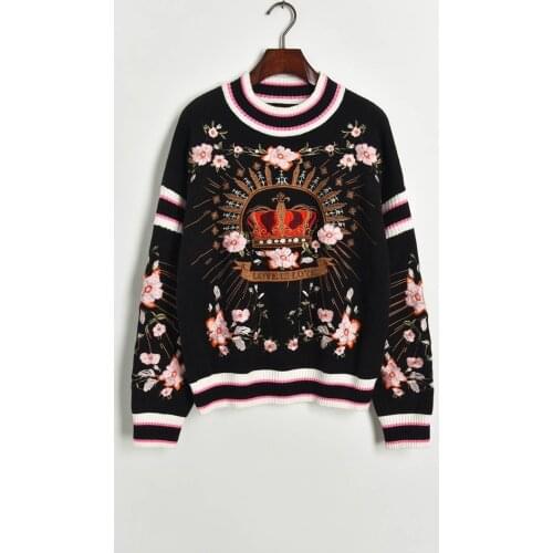 2020 Winter Warm Luxury Embroidery Knitting Pullovers Womens High Quality Floral Crown Casual Loose Sweater pull femme