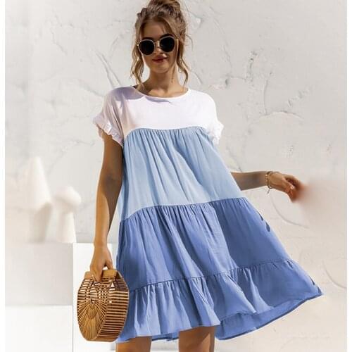 Vintage Print Patchwork Summer Plus Size Mini Dress Xxl Short Loose Dress Ruffle Trim Sukienka Contrast Color Block Dress Women