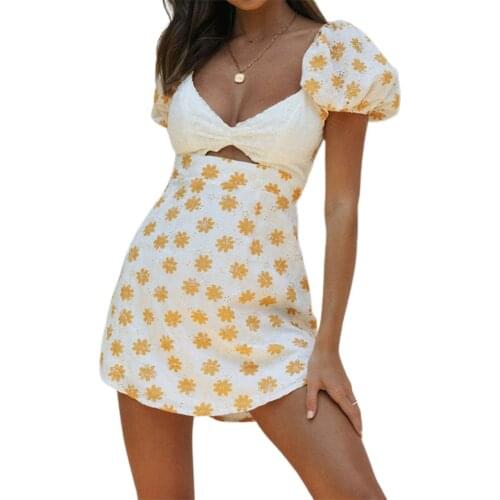 Women’s Fashion Puff Sleeve Dress Summer Vintage Daisy Print V-neck Hollow A-line Short Dress