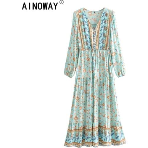 Vintage Chic women flare sleeve purple Floral print beach Bohemian v-neck Maxi dress Ladies rayon Summer Boho dress