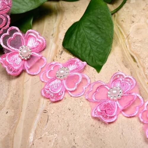 20Yards Pearls Flower Embroidered Lace Trim Applique Pink Purple Fabric DIY Ribbon DIY Sewing Craft For Costume Hat Decoration