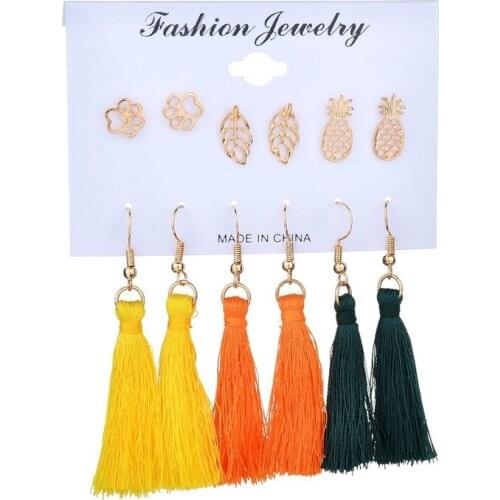 6pairs/set Trendy Gold Color Pineapple Leaves Creative Stud Earrings for Women Fashion Long Tassel Pendant Statement Earrings