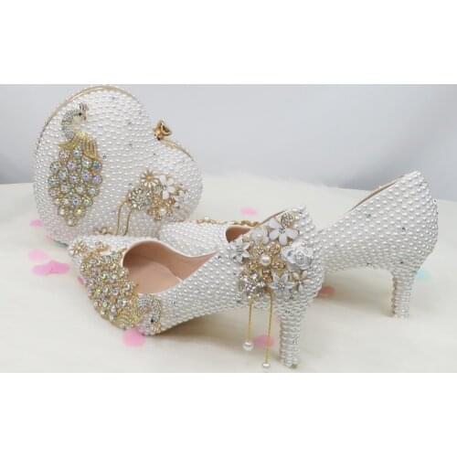 BaoYaFang White pearl Women wedding shoes with matching bags bride High Thin heels Pointed Toe Peacock Ladies Party Shoe bag set