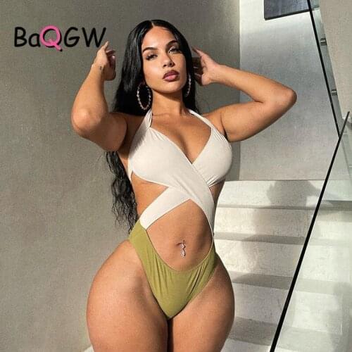 BaQGW Summer Cut Out Sexy Bodysuit Women Hollow Out Patchwork Slim Beachwear Halter Backless Bandage One Piece Swimsuit Rompers