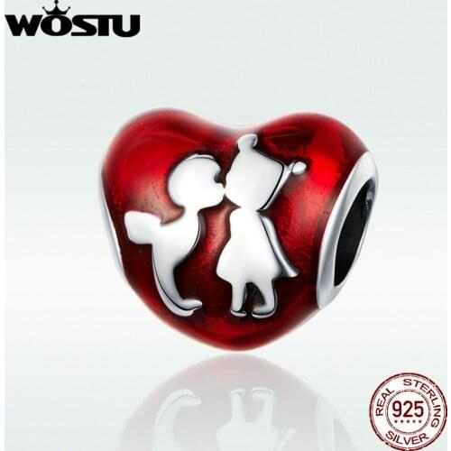 WOSTU Authentic 925 Sterling Silver Red Heart Beads Hot Sale Charm Beads Fit Bracelet & Bangle Making Fashion Jewelr BKC1187