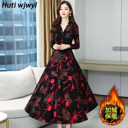 Chinese Style Elegant Women Vestidos 2021 Vintage Velvet Warm Thicken Dress 4XL Plus size Autumn Winter Bodycon Party Maxi Dress