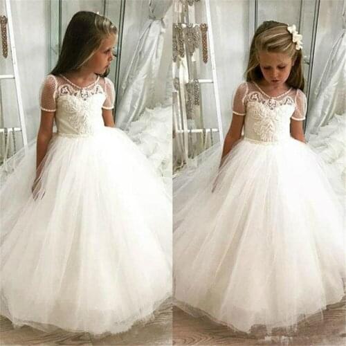 Elegant Tulle Flower Girl Dresses Short Sleeves First Holy Communion Dresses for Girls Lace Applique Birthday Fluffy Party Dress