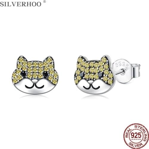 SILVERHOO 925 Sterling Silver Cute Dog Animal Earrings For Women & Girl Dazzling Yellow Cubic Zircon Stud Earring Silver Jewely