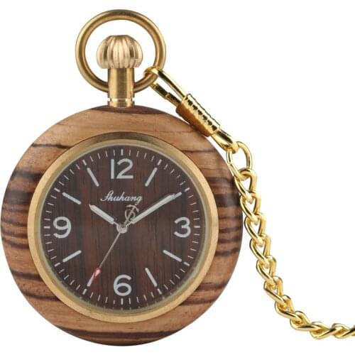 Natural Wooden Pocket Watch Brown Case Analog Quartz Necklace Chain Pendant Watch Gift For Men Women
