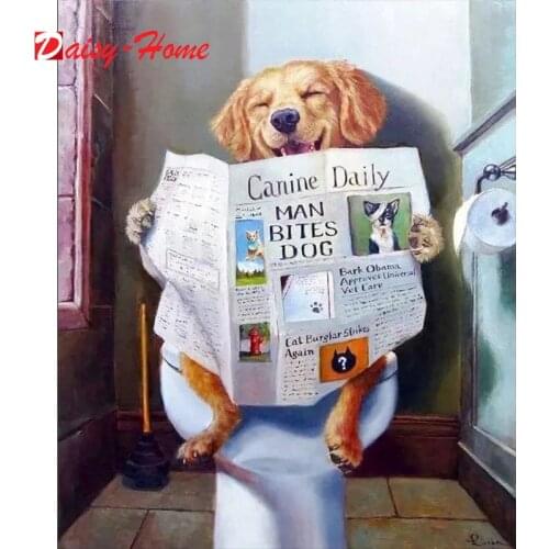 Full Square/Round Drill Dog Reading Newspaper in toilet 5D DIY Diamond Painting Embroidery Cross Stitch Animal Gift