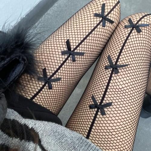 New Fashion Fishnet Stockings for Women Black Bow Knot High Waist Pantyhose butterfly