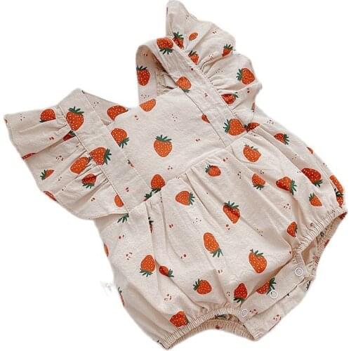 New Toddler Girls Clothes Infant Newborn Baby Bodysuits Girls Fly Sleeve Romper Outfits Onesies Strawberry Print Girls Jumpsuit