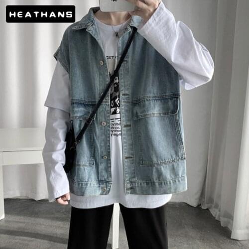 Spring Autumn Korean Jacket Mens Washed Denim Jacket Solid Color Fashion Vest Handsome Slim Denim Short Sleeve Casual Jacket Men