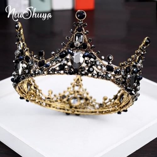 NiuShuya Baroque Black Crowns Big Crystal Round Bridal Tiaras Pageant Prom Diadem Rhinestone Wedding Hair Accessories Veil Tiara
