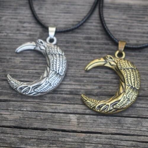 Norse Celtics slavic viking jewelry moon Raven necklace amulet talisman double side Bird Jewelry