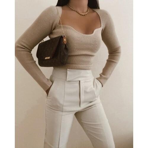 2021 new womens Knitted Sweater Top Long Sleeve heart collar casual fashion womens slim tight knitted sweater Pullover