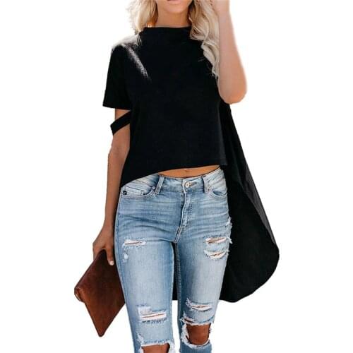 Solid Color Fashion Women T-Shirts Casual Elegant Short Sleeve Irregular T Shirt Long Hole Summer Soft Cool T-Shirts
