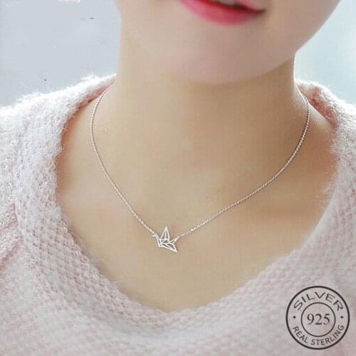 Ethnic Cute Paper Crane Choker Pendant Necklace Real 925 Sterling Silver Fine Jewelry For Women Party Accessories Bijoux
