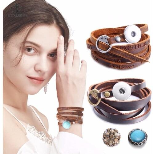 ROYALBEIER Adjustable Genuine Leather Bracelet Fit 18mm Button Minimalist Style Multi-layer Wristband Bracelet Ladies Men Charms