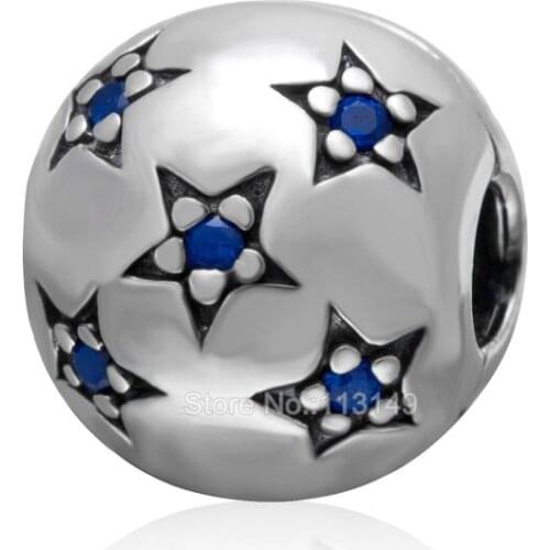 Blue And White Zircon Pave Star Authentic 925 Sterling Silver Lock Clip Stopper Charm Beads For DIY European Jewelry SCSB004