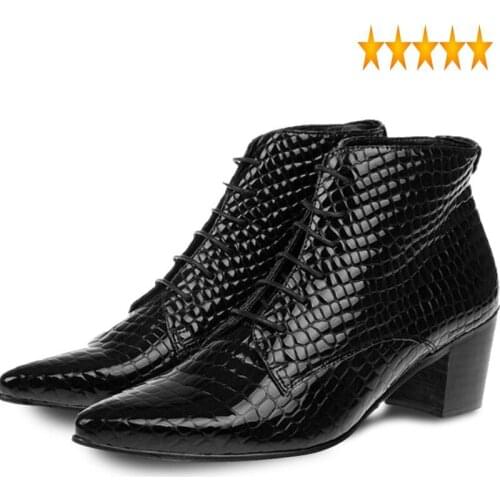 Heel Brand Pointed Toe Genuine Leather Shoes Men Fashion Lace Up Dress Ankle Black Snakeskin High Top Basic Boots