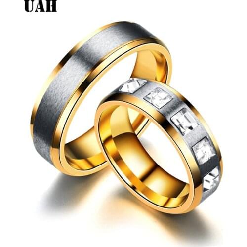 UAH New Couple Engagement Ring Lovers Rings for Women and Men Stainless Steel Jewelry AAA+ CZ Stone Wedding Band Never Fade