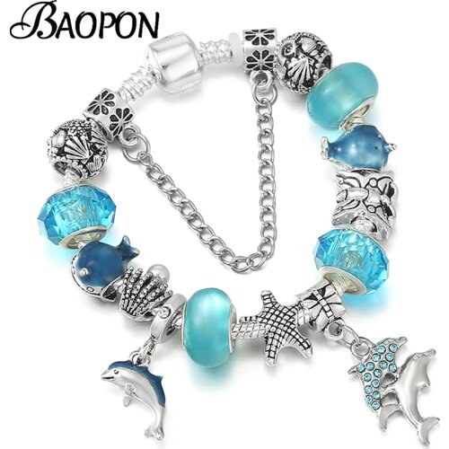 High Quality Silver Color Snake Chain Charm Bracelet With Dolphin Pendant Beads Bracelets For Women Men Jewelry Gift 2021 New
