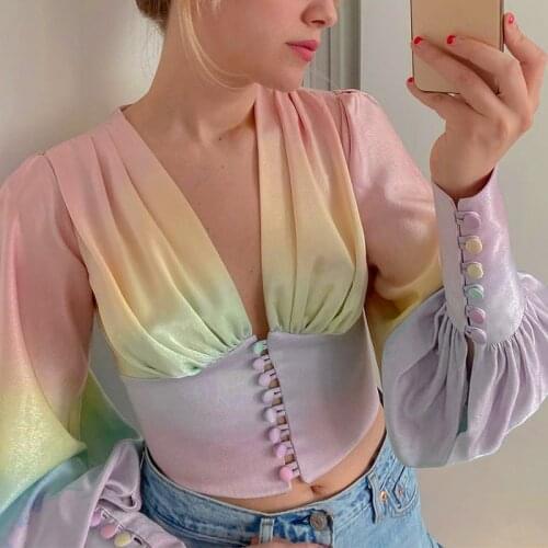 Womens Long Sleeved Shirt Dazzling Color Deep V-neck Sexy Ladies Blouses Buttons Decoration Lantern Elegant Girls Autumn Tops