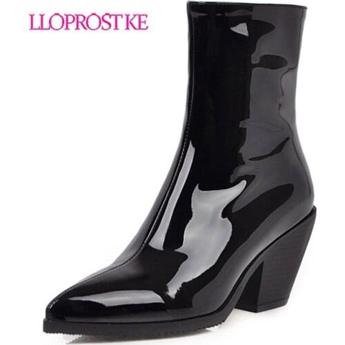 Lloprost ke Women 2020 Fall Shoes Gloss Patent Leather Spike Block Chunky Heels Pointed Toe Ankle Boots Ladies Western Boots