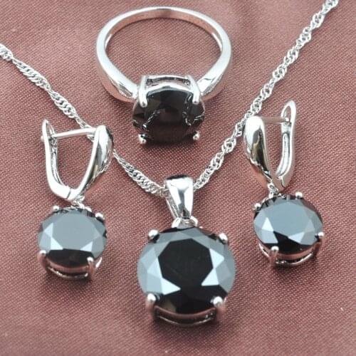 Womens Black Zirconia Jewelry Sets Silver Color Necklace Round Design Pendant Earrings Rings Hot Sell TZ0218