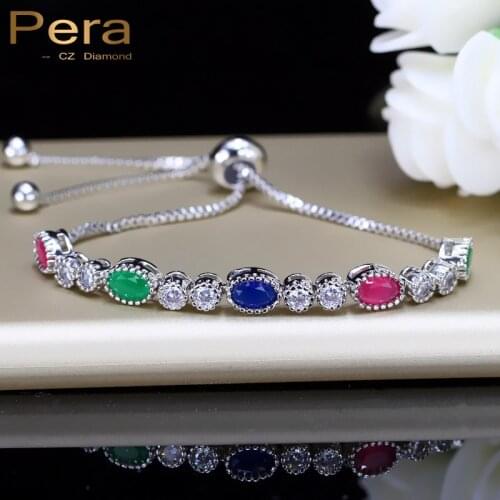 Pera Shining Charm Adjustable Size Tennis Bracelets for Women Big Oval Red Green Blue and White Rhinestones Party Jewelry B113